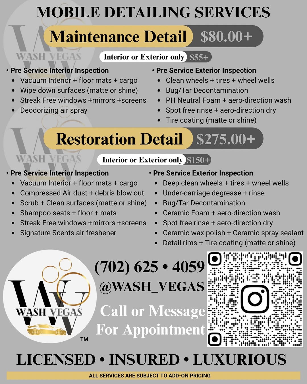 Wash Vegas mobile detailing services and pricing flyer